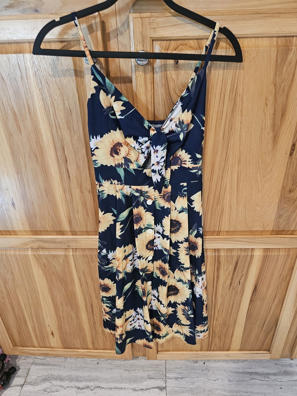 Navy Sunflower Midi Dress with Tie Front